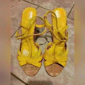 EUC women's Coach heels, sunflower yellow, strappy sandals, sz 7, $50